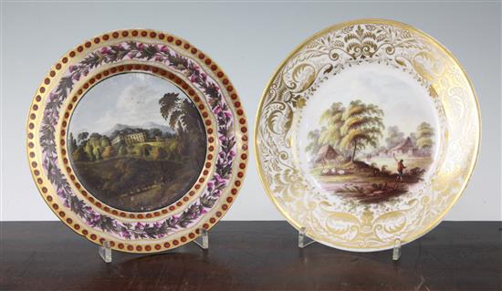 A Coalport outside decorated topographical plate and a Derby topographical plate, both c.1810, 22cm.